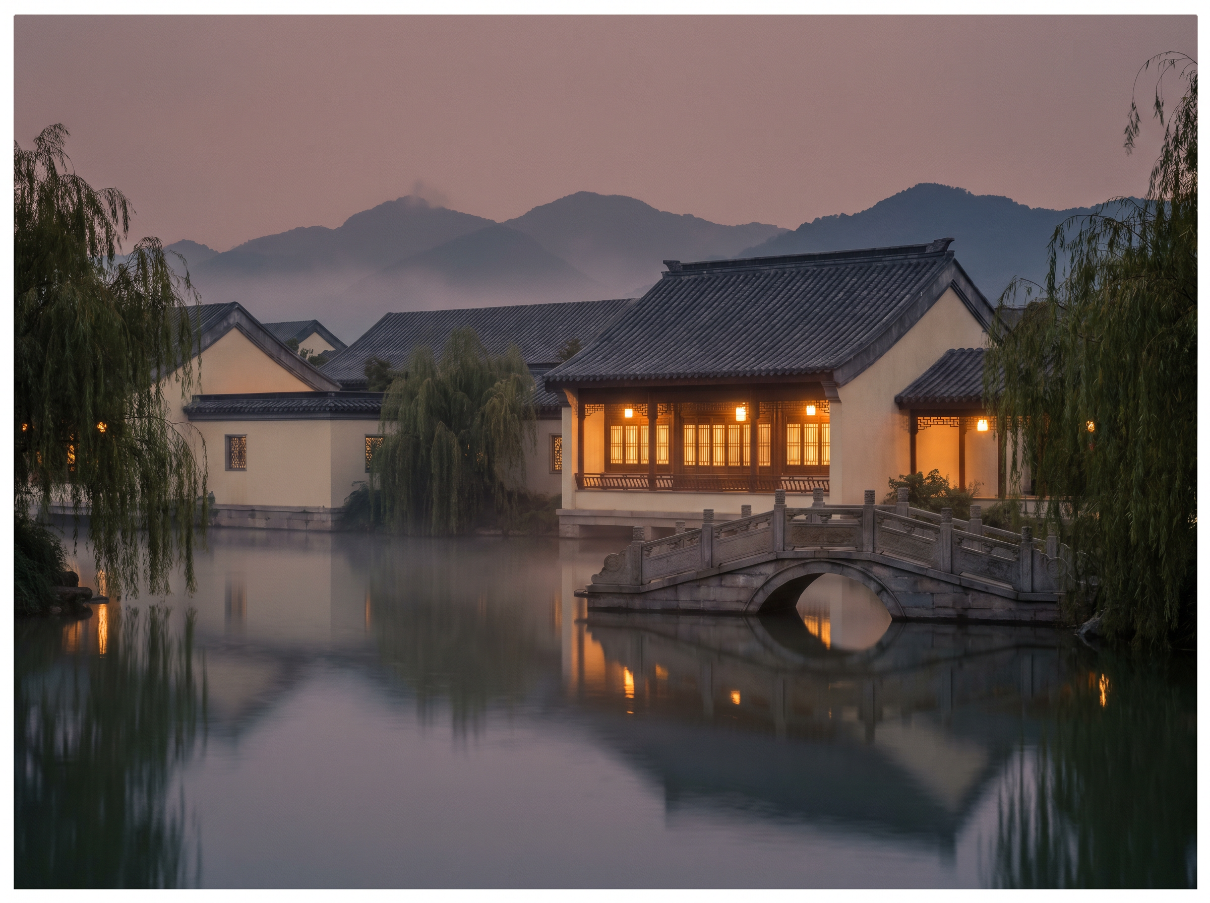 临湖中式园林公学黄昏外景·黛瓦坡顶下窗内透出暖灯·城市签约落定