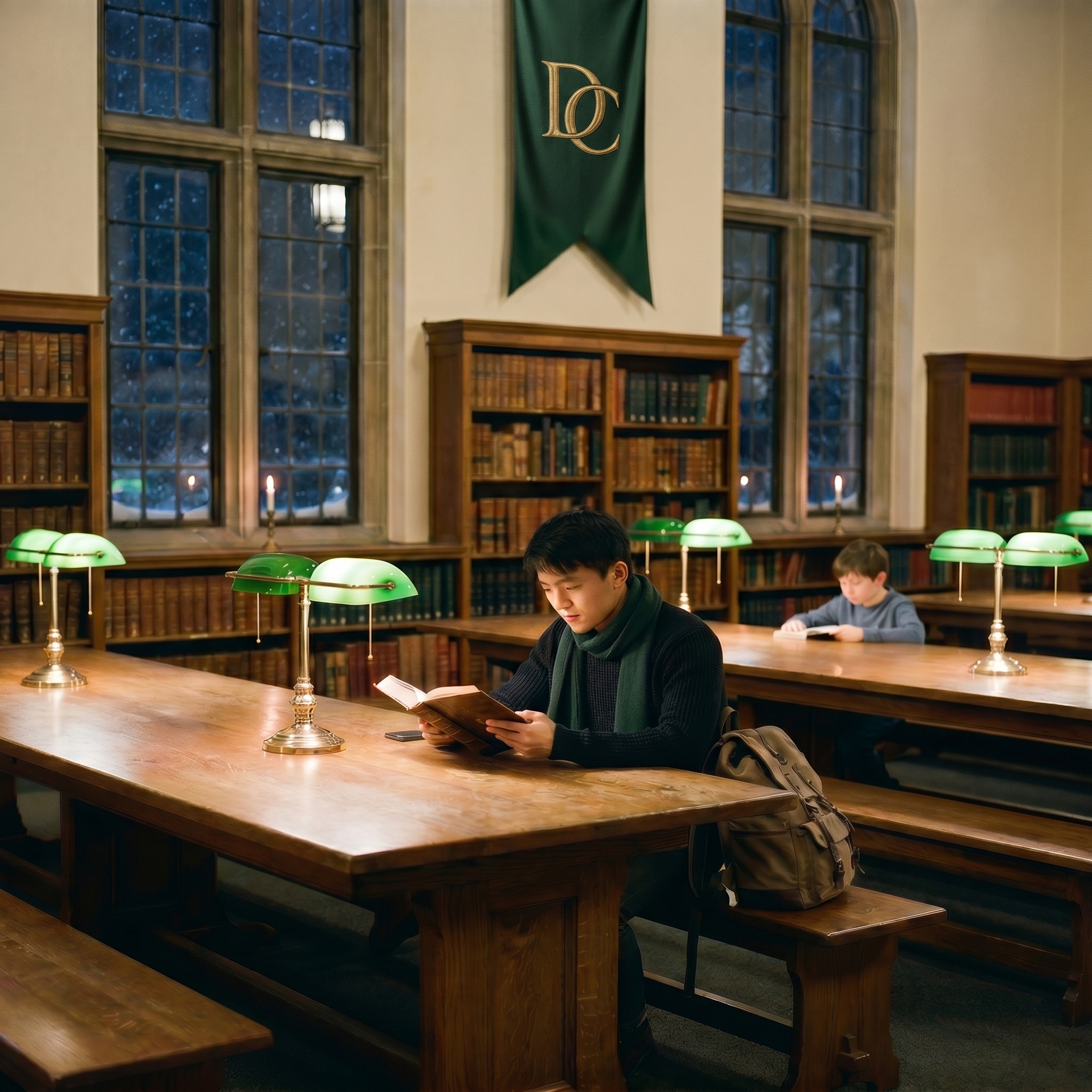 二十二岁的冬夜·大学归来的他在学舍长桌另一头读书,角落坐着一个十岁的读者,绿罩台灯与铅条窗外的雪,窗间垂着绣金 DC 徽记的深绿队旗