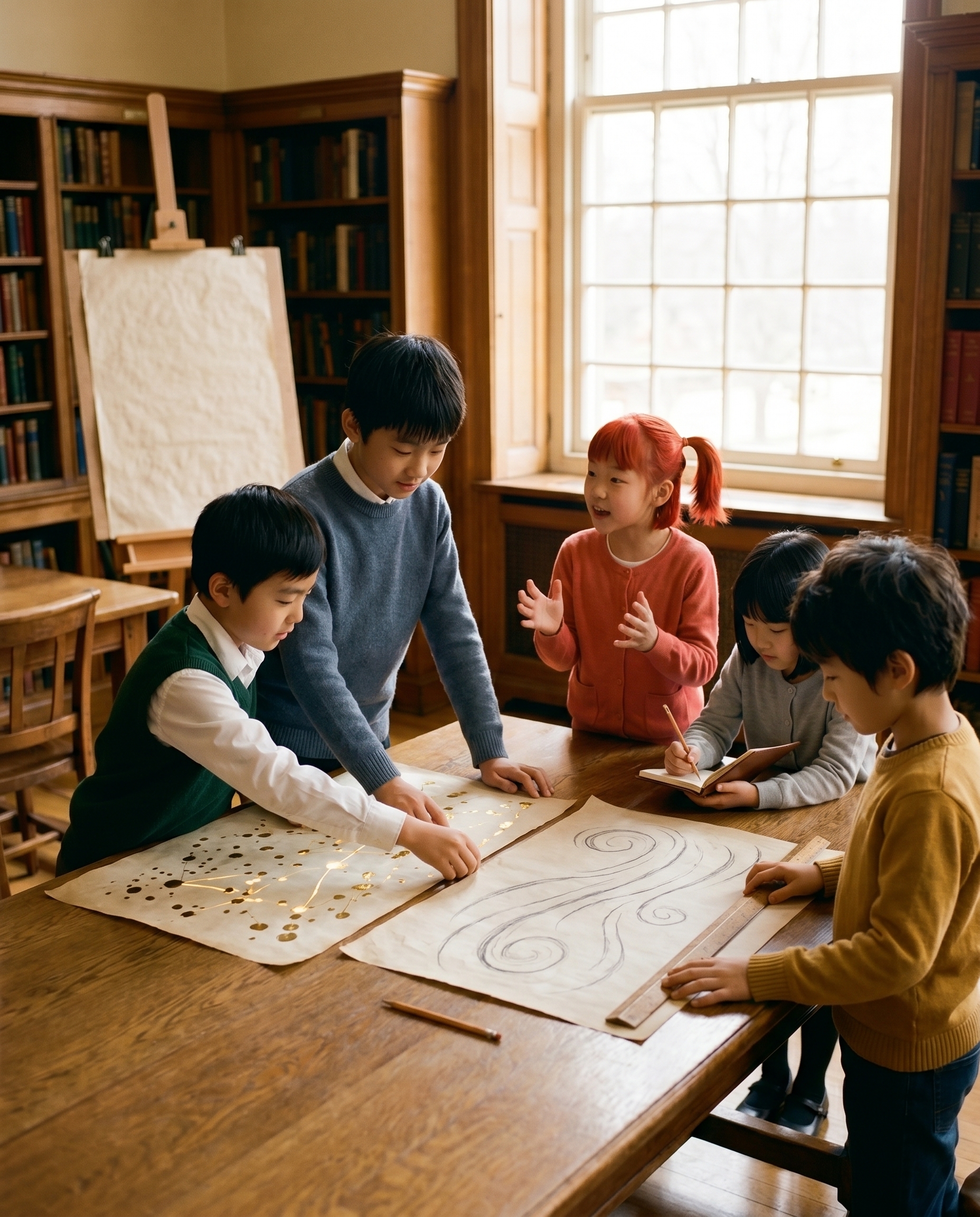 被共创——学舍长桌上拼着两张大图,一张缀满金色光点、一张画满风的旋纹路线;穿深绿背心的阿澈与石蓝衫的林舟一起俯身,小满讲述、予白誊写、阿野用木尺丈量,身后画架是无字的草图。