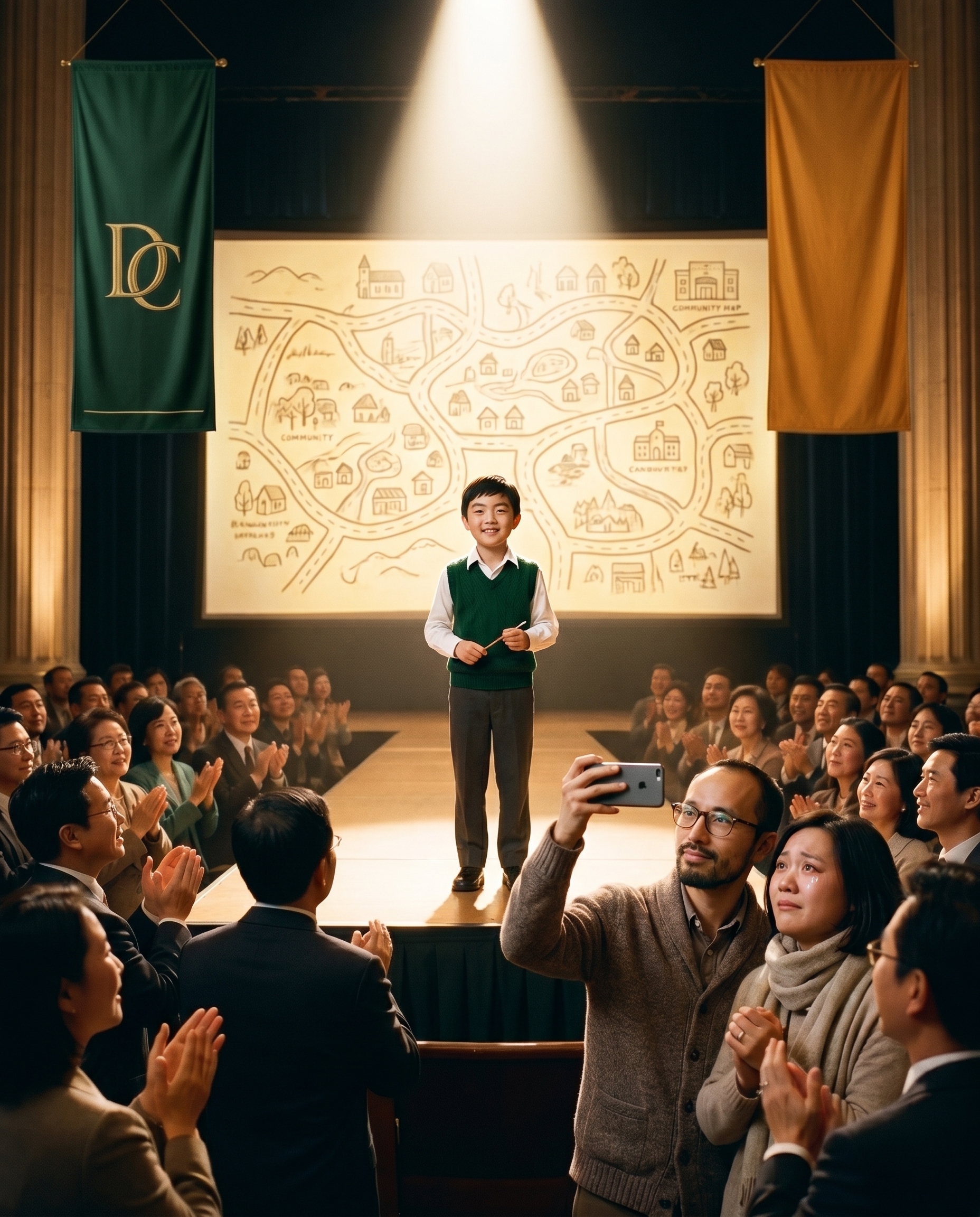 被照耀——城市展演舞台上,一束强聚光打在穿深绿背心的阿澈身上,他站在台中央,身后是被投得巨大、流淌金光的社区地图;台下一大片观众在暖光里动容鼓掌,入�口立着绣金 DC 的深绿队旗与纯色琥珀旗,人群里戴玳瑁眼镜的父亲举起手机、围燕麦色围巾的母亲落泪。