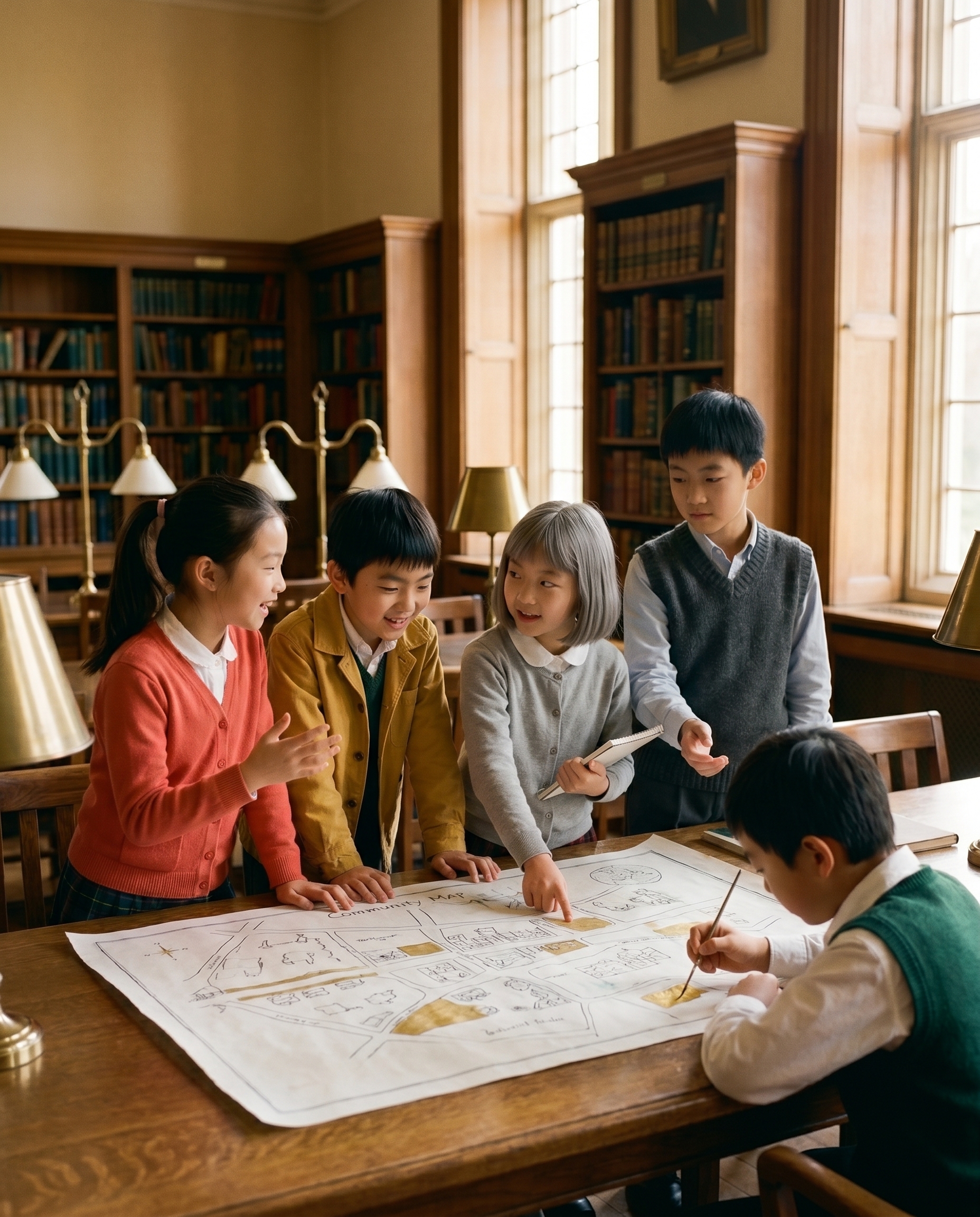 被发现——杜伦学舍里,珊瑚红马尾的小满、芥黄衫的阿野、鸽灰发的予白围着大社区地图热闹讨论;穿深绿背心的阿澈安静地坐在桌角低头给地图涂一小块金色,并不起眼,灰背心的掌灯人若川刚把目光转向这个安静的孩子。