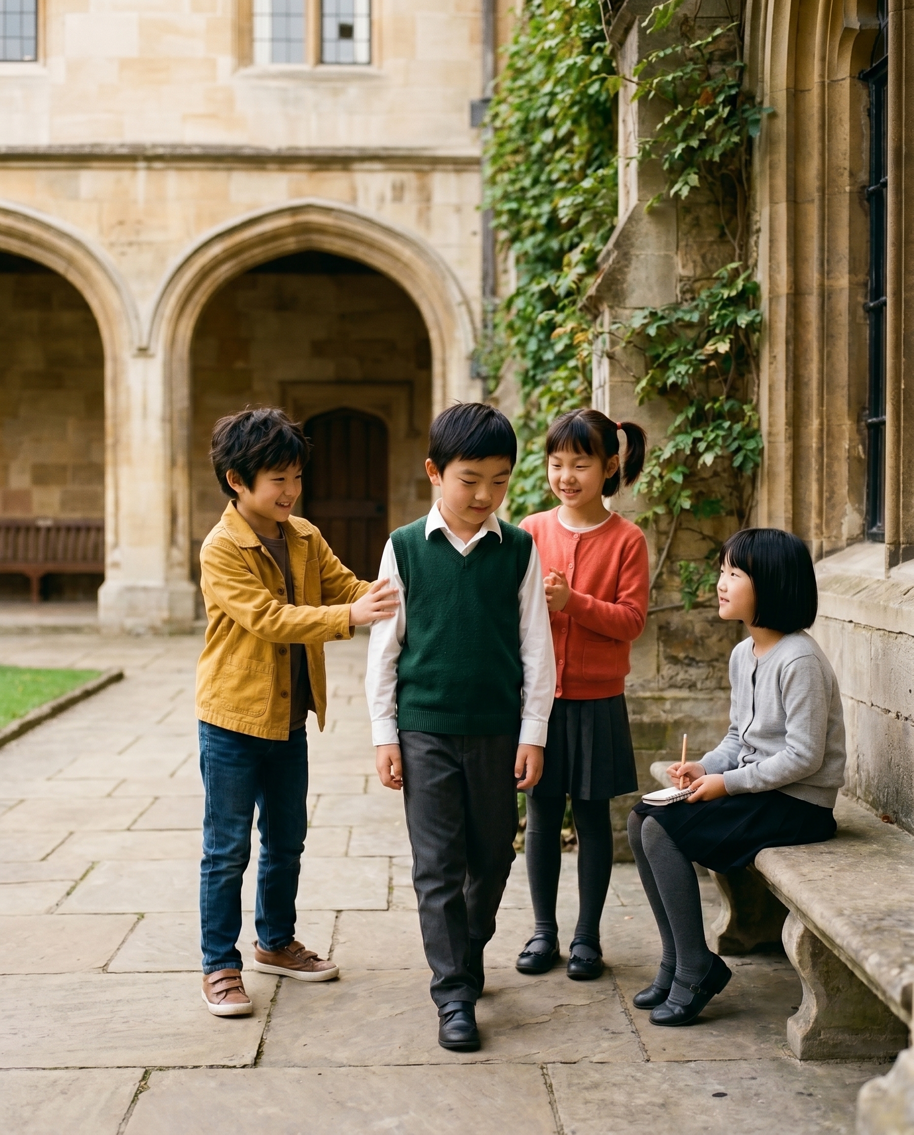 被托举——学院回廊的安静一角,芥黄衫的阿野把手搭在穿深绿背心的阿澈背上,轻轻把他往前推一步;珊瑚红马尾的小满在旁小声鼓劲,鸽灰发的予白坐在石凳上记录;只是普通的午后暖光,温柔而克制。