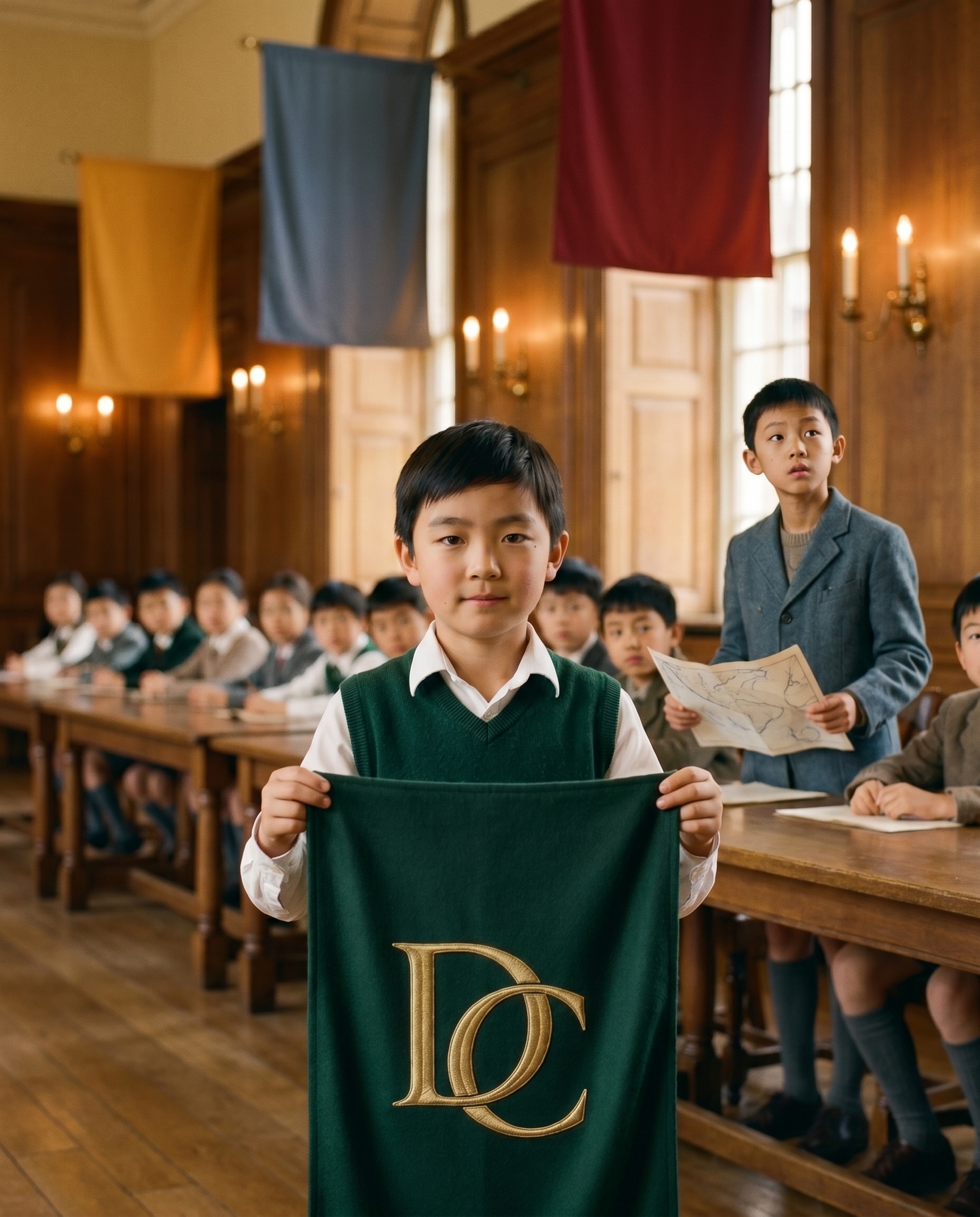被邀请——阿澈第一次走进另一座公学的厅堂,墙上垂着琥珀、灰蓝、暗红的纯色无徽 House 旗,他双手举起只绣金色 DC 徽记的深绿队旗;后排的林舟抱着手绘的风路线图。