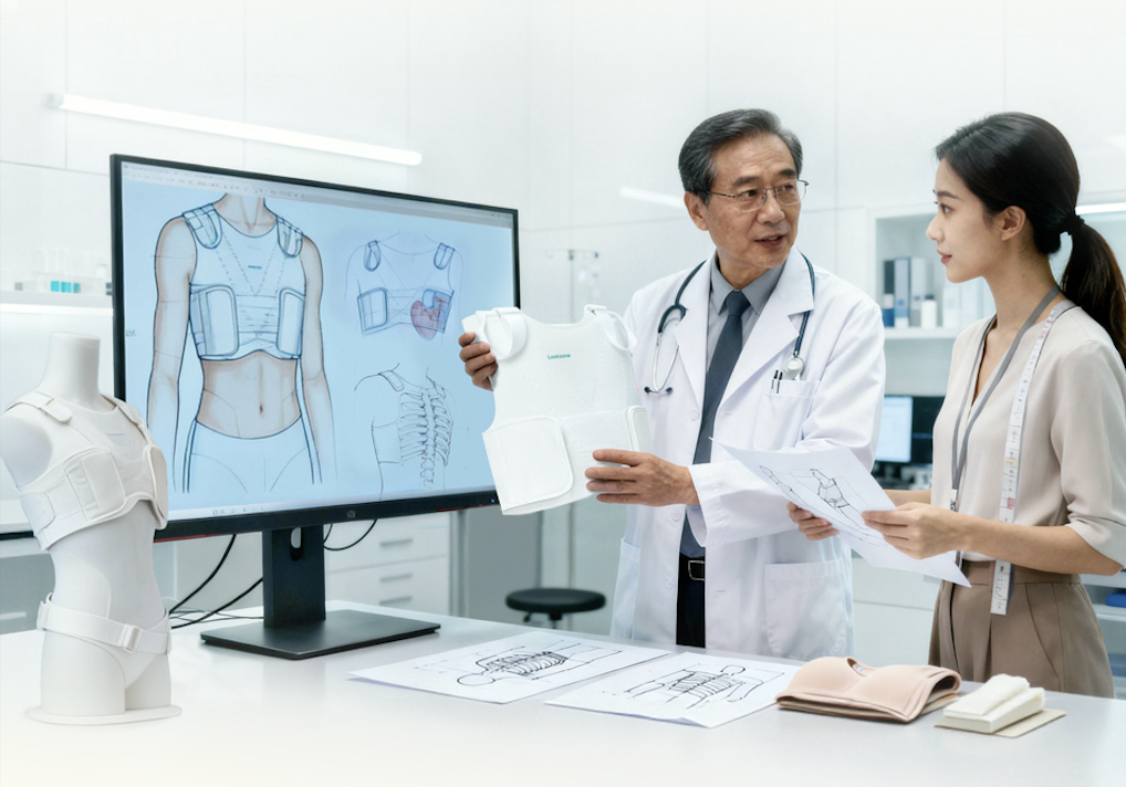 乐喆与三甲医院临床团队共创研发场景 · 设计师 + 临床顾问 + 人台 + 产品试样 + 解剖图