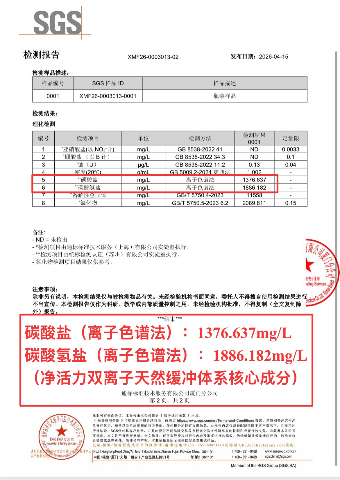 SGS 检测报告 XMF26-0003013-02 碳酸氢盐与碳酸盐实测
