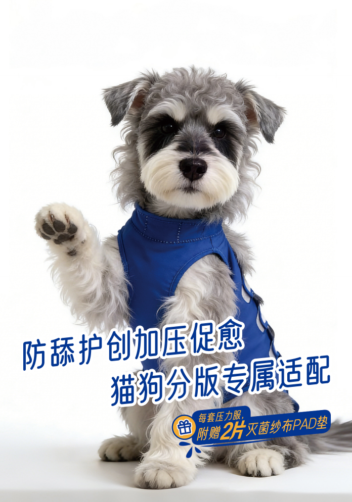 A grey schnauzer wearing a navy Huhuland post-surgical compression garment