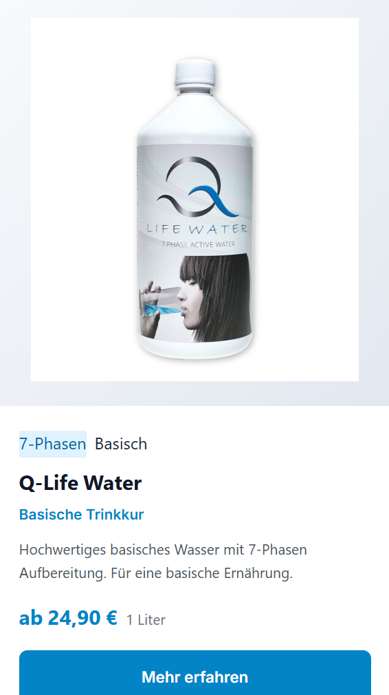 德国 Q-Life Water 1L 瓶装在售页面 · 24,90 € · 1 Liter · Basische Trinkkur