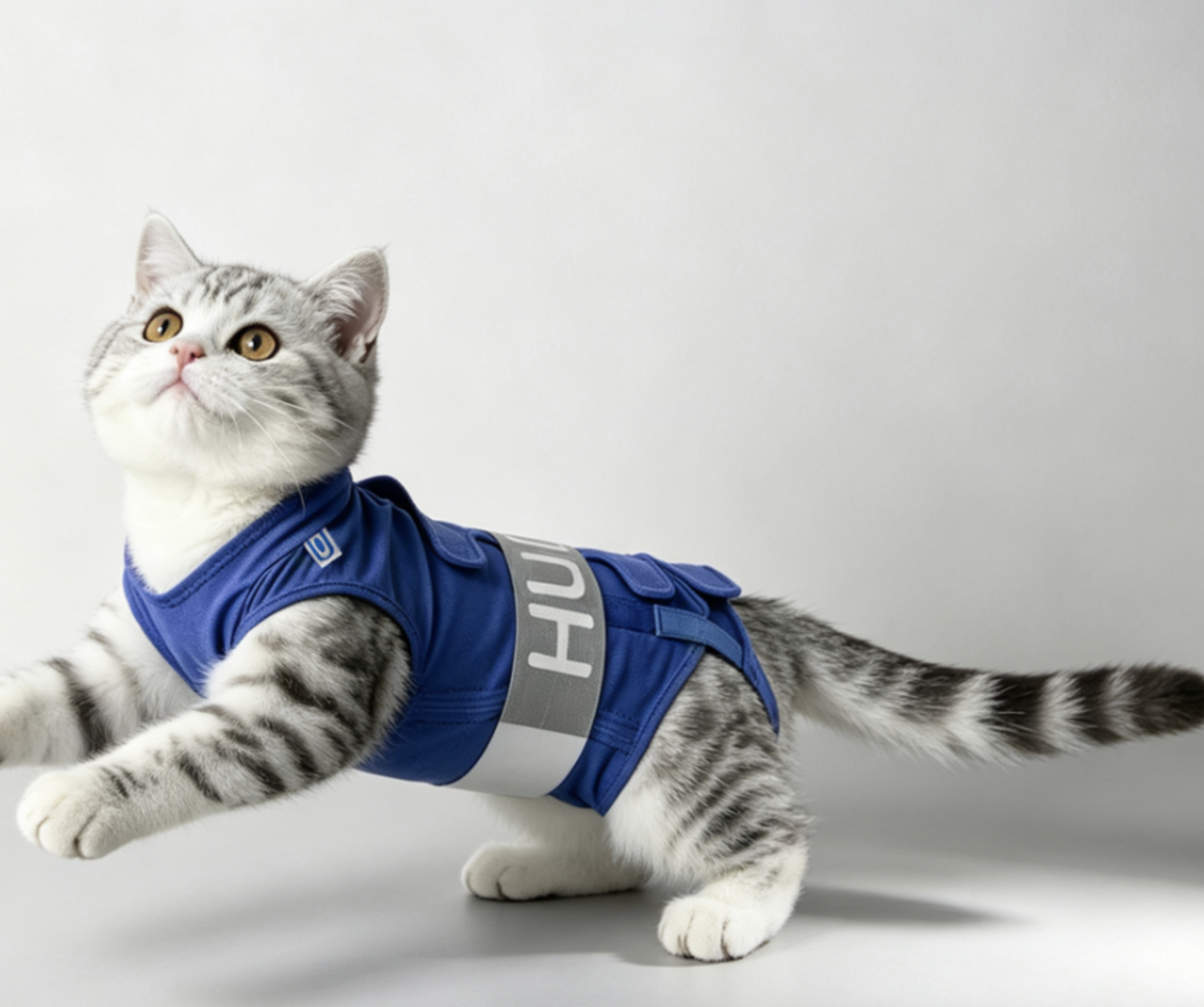 A silver tabby cat mid-stretch wearing the Huhuland compression garment, cat pattern