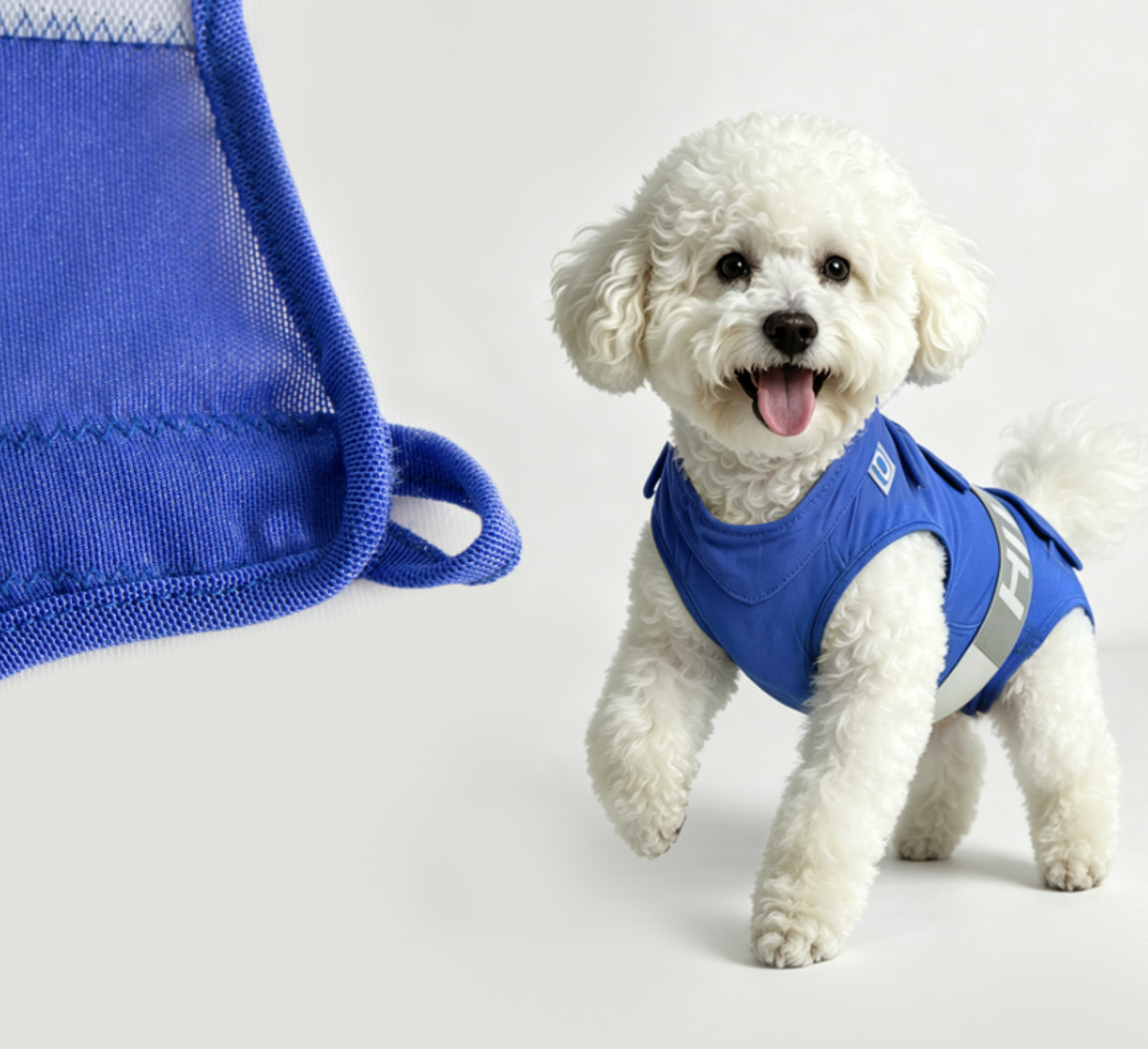Material detail of the Huhuland compression garment shown next to a white bichon frise, with a close-up of the fabric and gauze pad