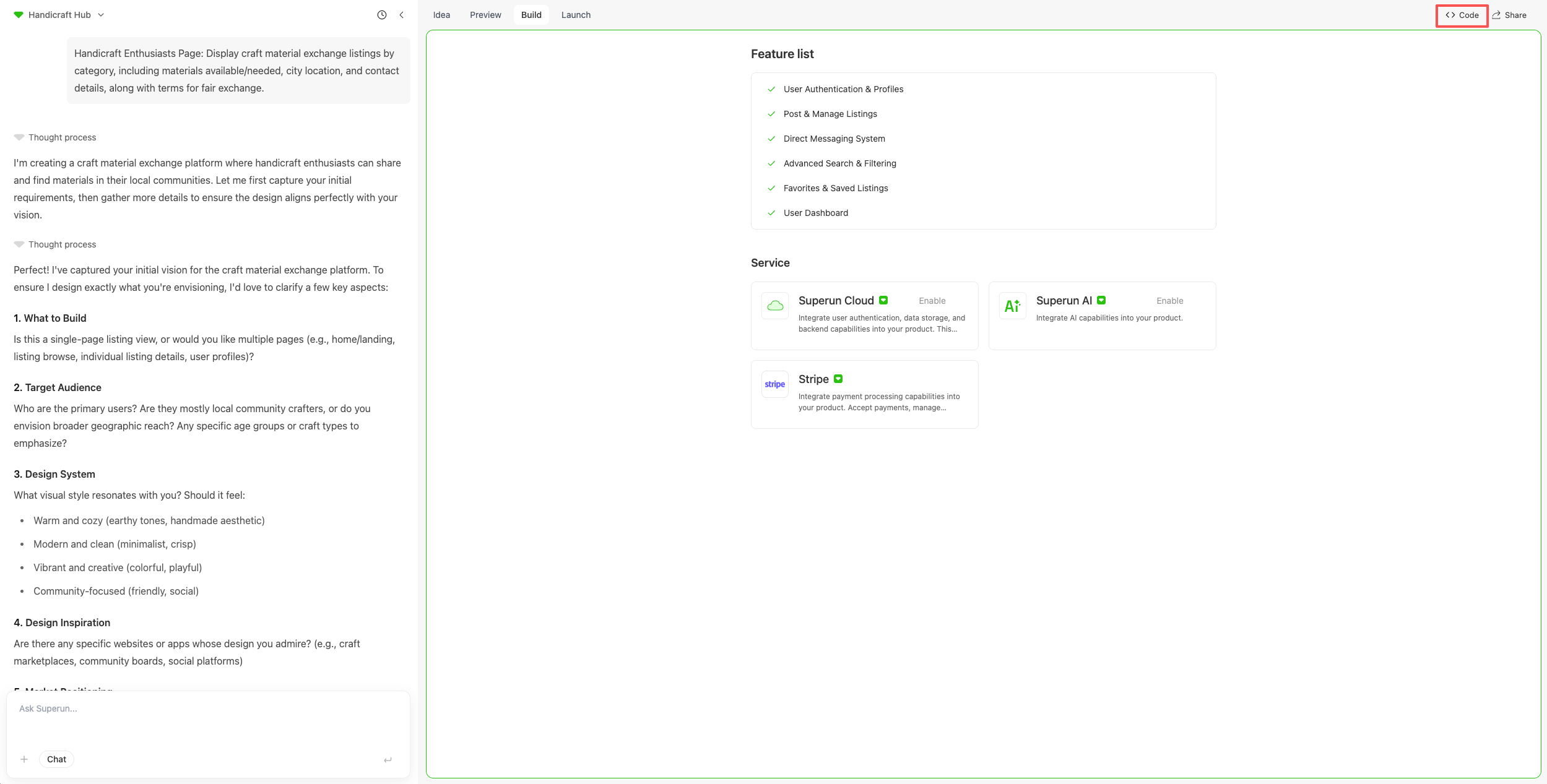 Code Mode toggle in Build tab